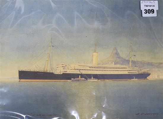 A* E* Morris (20th century), watercolour, portrait of R.M.S.P. Almanzora at Rio de Janeiro